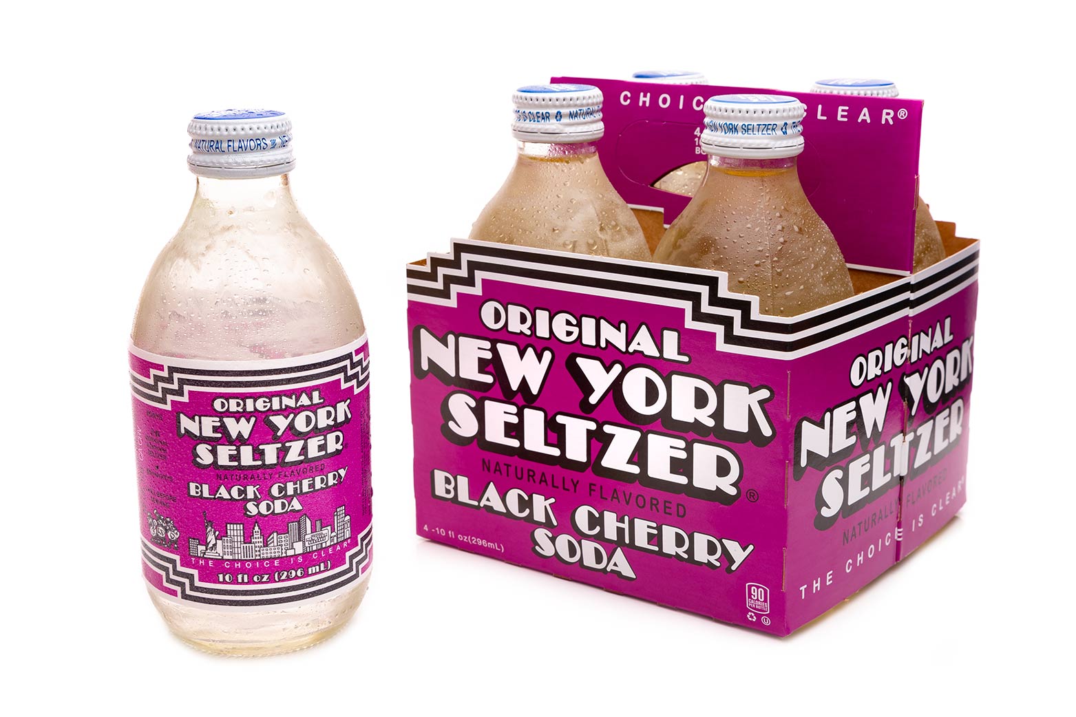 Original New York Seltzer Black Cherry 4-pack carrier with bottle