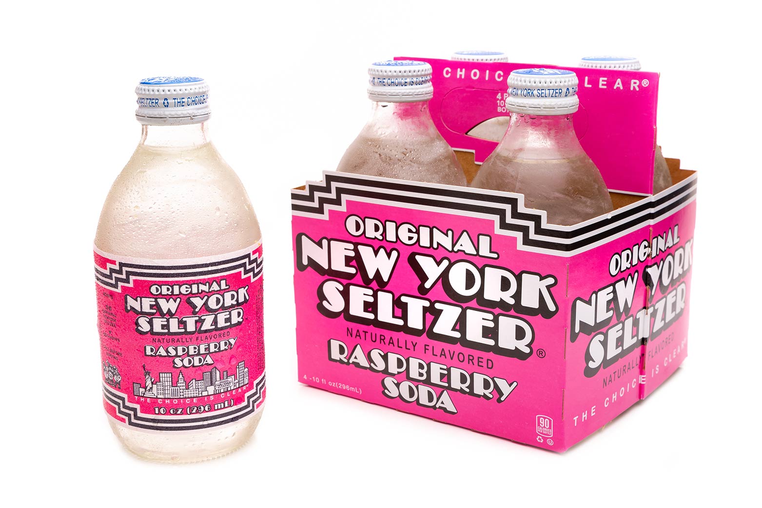 Original New York Seltzer Raspberry 4-pack carrier with bottle