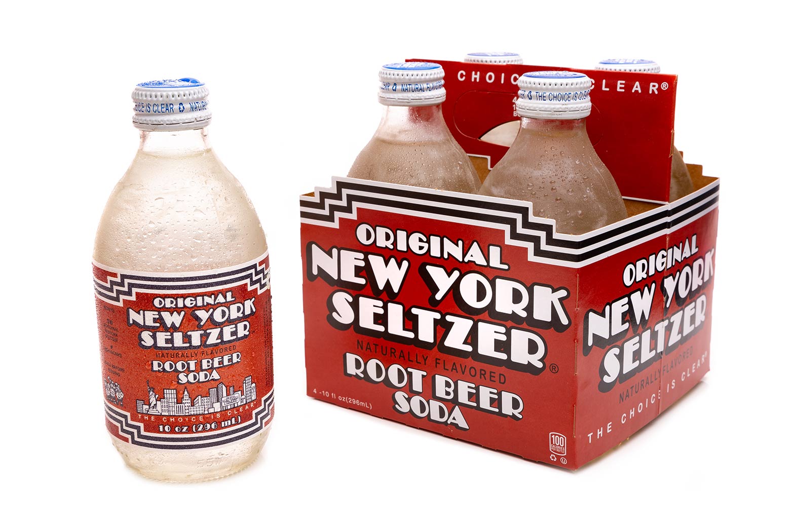 Original New York Seltzer Root Beer 4-pack carrier with bottle