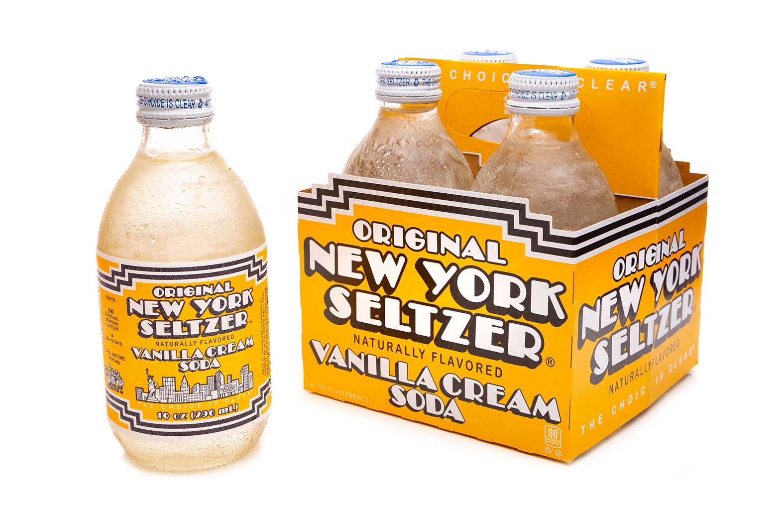 Original New York Seltzer Vanilla Cream 4-pack carrier with bottle